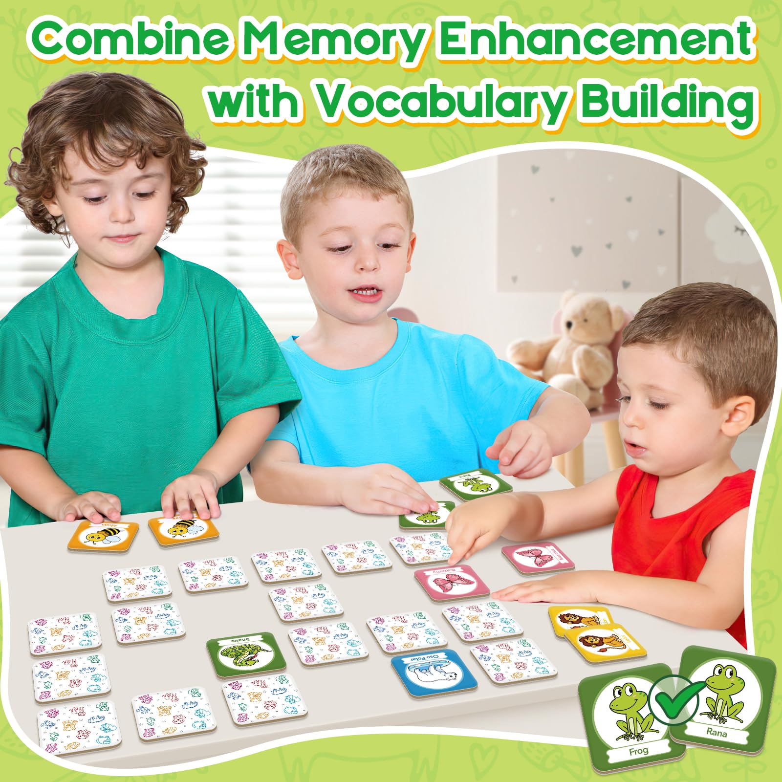 Edulok Bilingual Memory Card Game: Learn Spanish for Kids, 28 Pairs of Flashcards for Preschool Learning