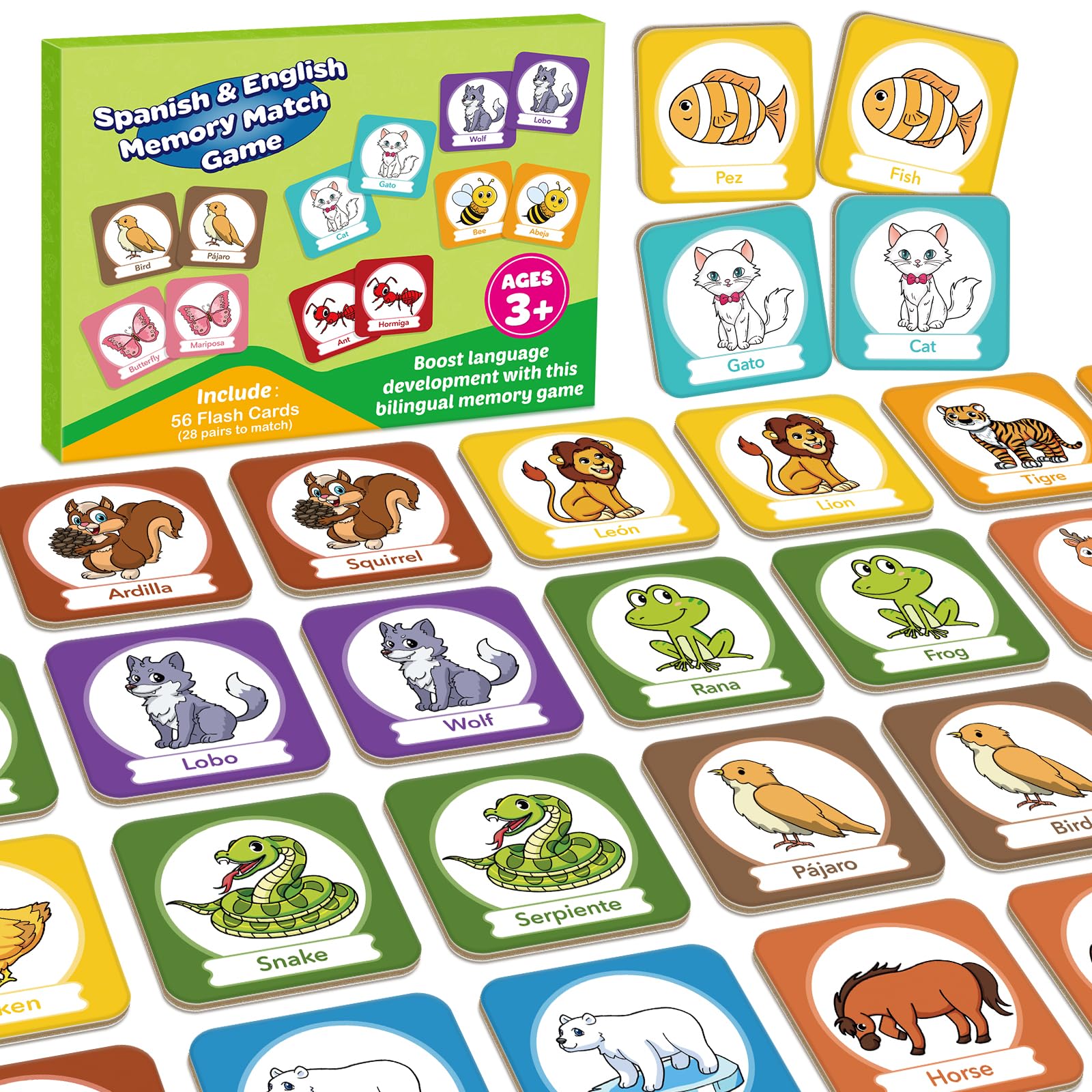 Edulok Bilingual Memory Card Game: Learn Spanish for Kids, 28 Pairs of Flashcards for Preschool Learning