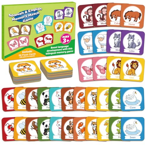 Edulok Bilingual Memory Card Game: Learn Spanish for Kids, 28 Pairs of Flashcards for Preschool Learning