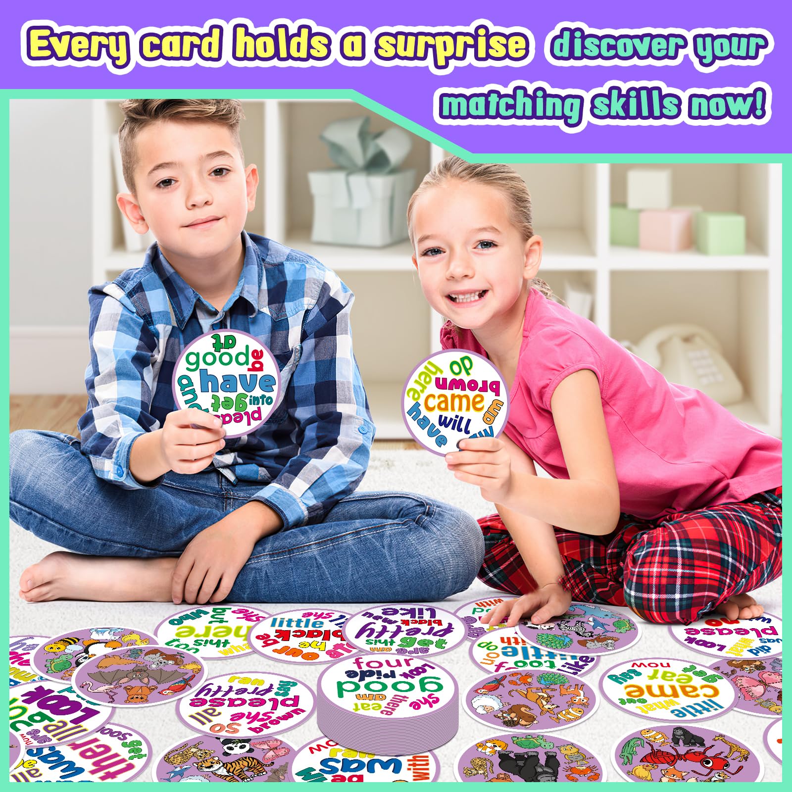 Edulok Memory Card Game - 57 Double-Sided Sight Word & Animal Match Cards for Kids, Preschool Classroom, Homeschool