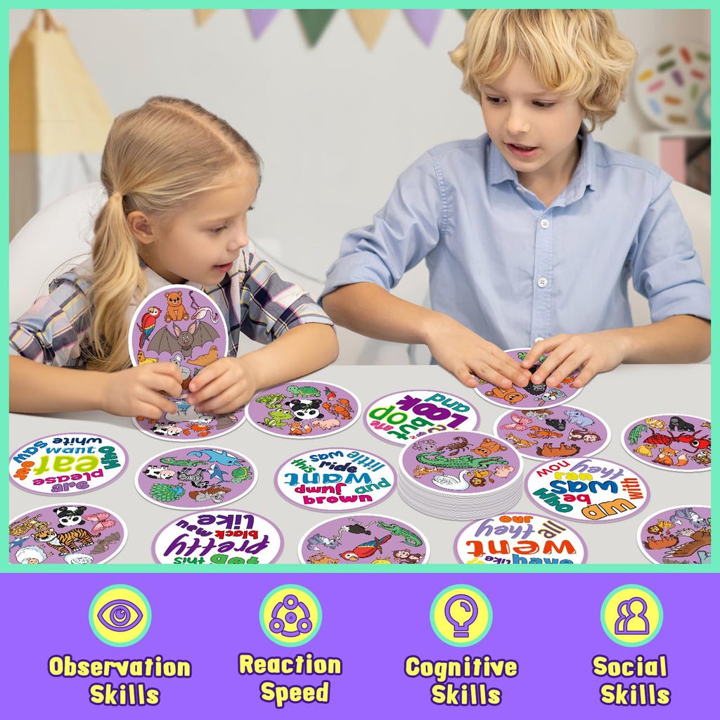 Edulok Memory Card Game - 57 Double-Sided Sight Word & Animal Match Cards for Kids, Preschool Classroom, Homeschool