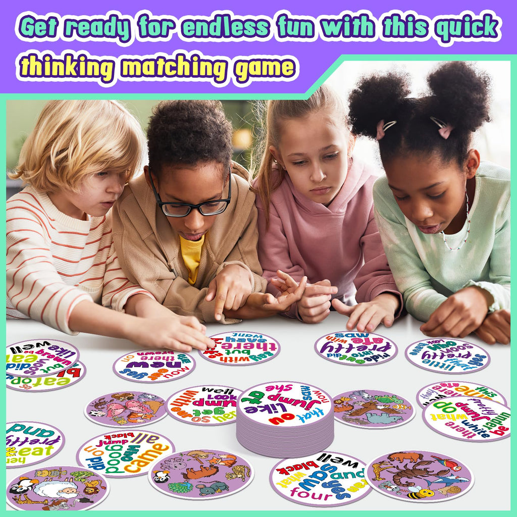 Edulok Memory Card Game - 57 Double-Sided Sight Word & Animal Match Cards for Kids, Preschool Classroom, Homeschool