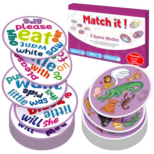 Edulok Memory Card Game - 57 Double-Sided Sight Word & Animal Match Cards for Kids, Preschool Classroom, Homeschool