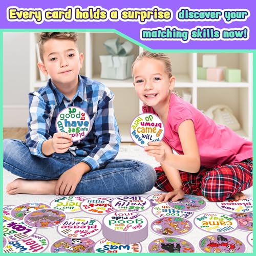 Edulok Memory Card Game - 57 Double-Sided Sight Word & Animal Match Cards for Kids, Preschool Classroom, Homeschool