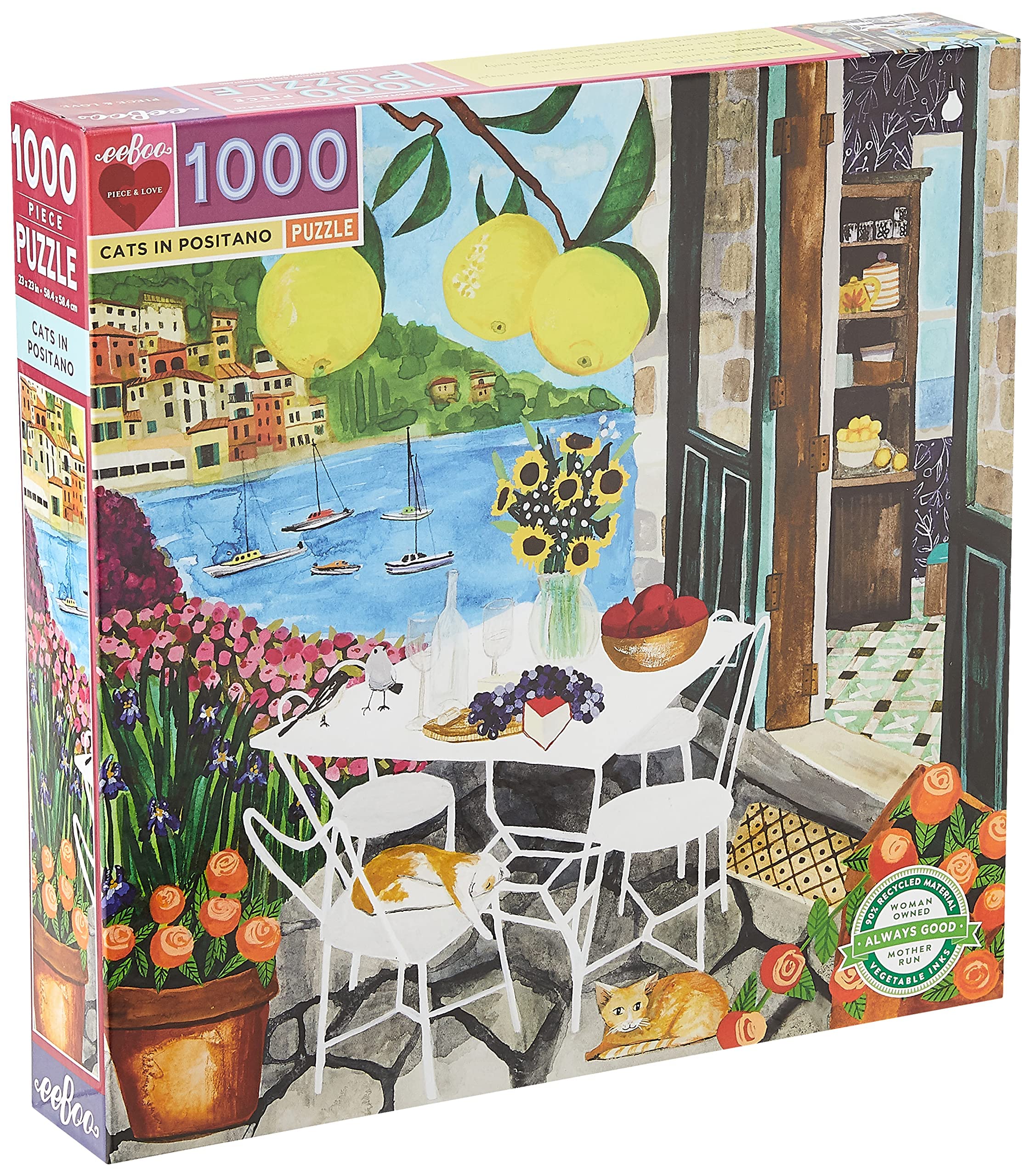 eeBoo Cats in Positano 1000 Piece Puzzle – 23" Square Jigsaw with Original Art & Recycled Materials