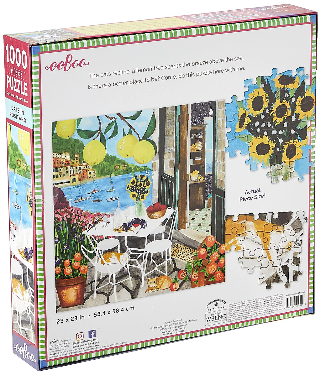 eeBoo Cats in Positano 1000 Piece Puzzle – 23" Square Jigsaw with Original Art & Recycled Materials