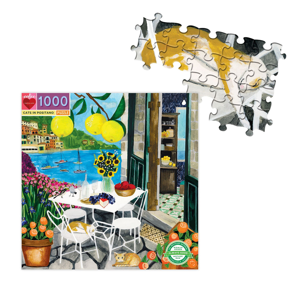 eeBoo Cats in Positano 1000 Piece Puzzle – 23" Square Jigsaw with Original Art & Recycled Materials