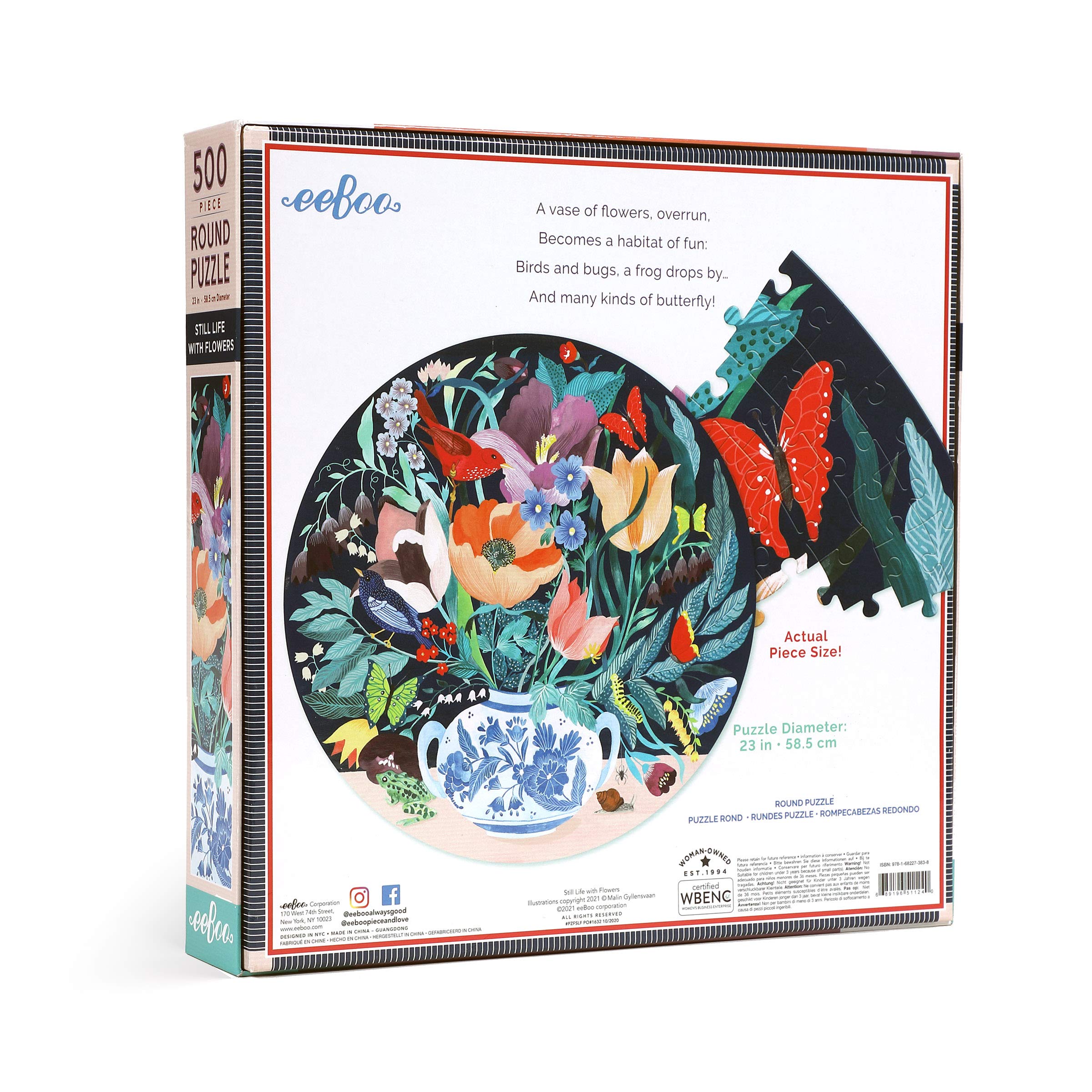 eeBoo Still Life with Flowers 500-Piece Round Jigsaw Puzzle – 23-Inch Circular Puzzle for Adults, Recycled Materials