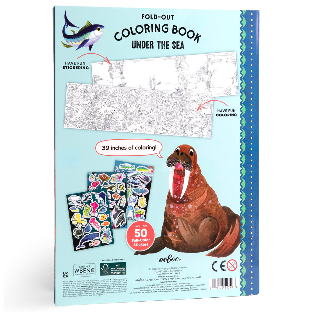 eeBoo Under The Sea Fold-Out Coloring Book – 39 Inch Mural with 50 Stickers for Kids Ages 3+