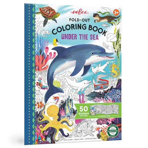 eeBoo Under The Sea Fold-Out Coloring Book – 39 Inch Mural with 50 Stickers for Kids Ages 3+