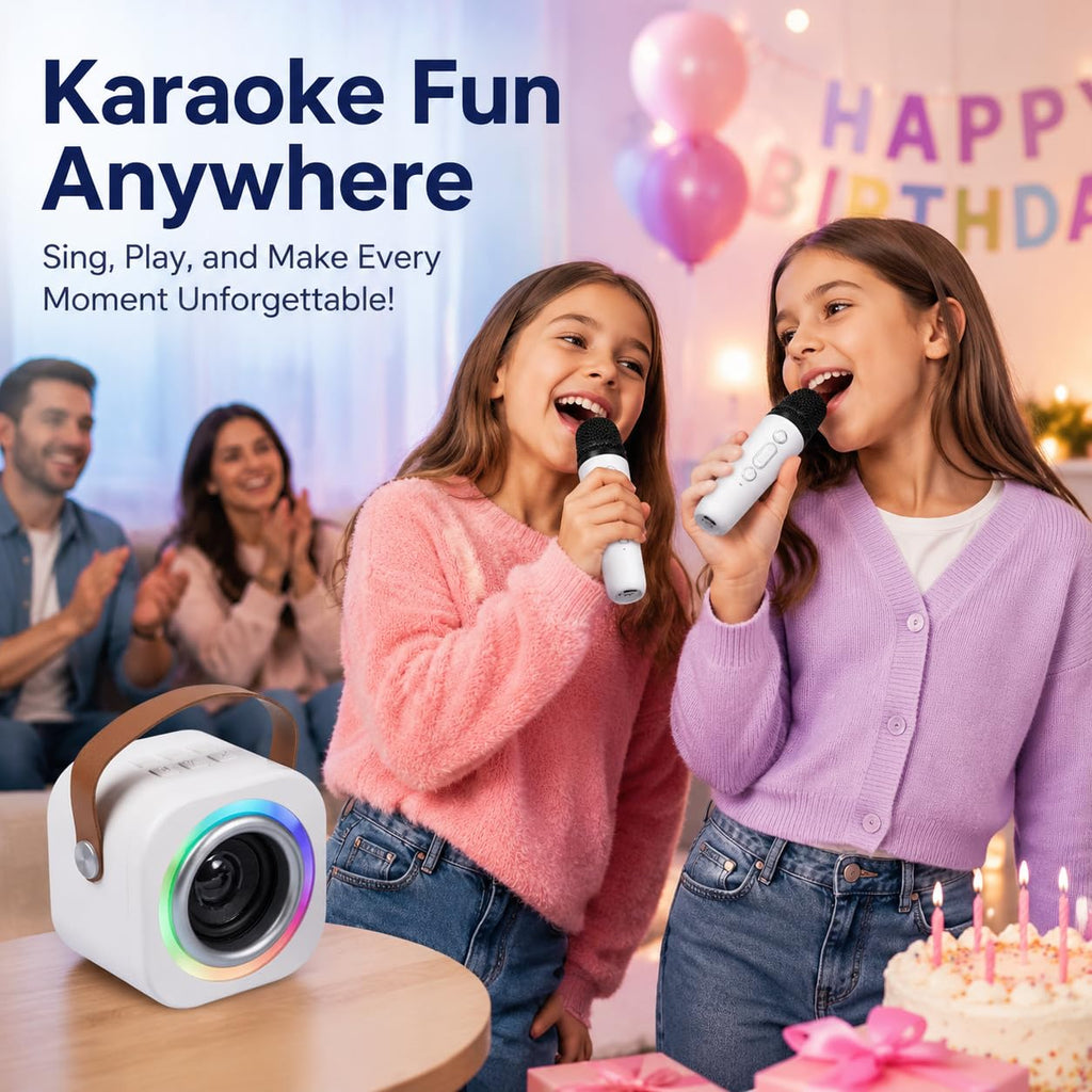 EGivwcvic Mini Karaoke Machine for Kids with 2 Wireless Mics – Safe, Rechargeable, and Portable Singing Toy for Ages 3-12