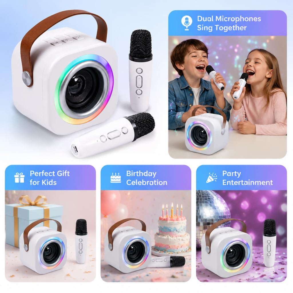 EGivwcvic Mini Karaoke Machine for Kids with 2 Wireless Mics – Safe, Rechargeable, and Portable Singing Toy for Ages 3-12