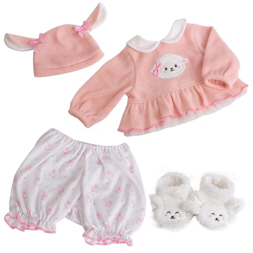 EKOKIZ 4-Piece Reborn Doll Outfit for 20-22 Inch Dolls - Pink Lamb & Bunny Theme with Hat, Top, Bloomers, Booties