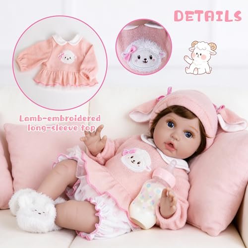 EKOKIZ 4-Piece Reborn Doll Outfit for 20-22 Inch Dolls - Pink Lamb & Bunny Theme with Hat, Top, Bloomers, Booties