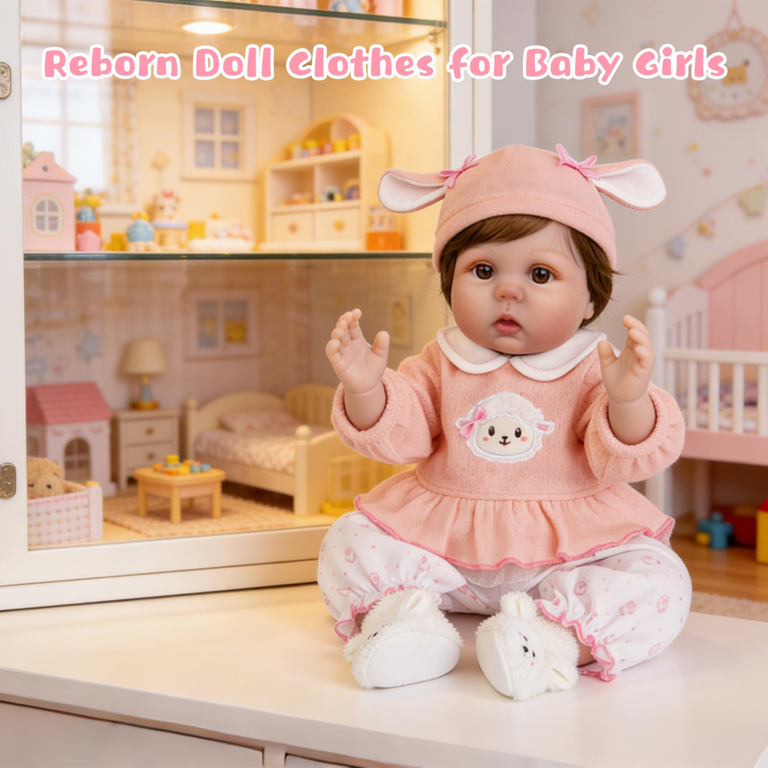 EKOKIZ 4-Piece Reborn Doll Outfit for 20-22 Inch Dolls - Pink Lamb & Bunny Theme with Hat, Top, Bloomers, Booties