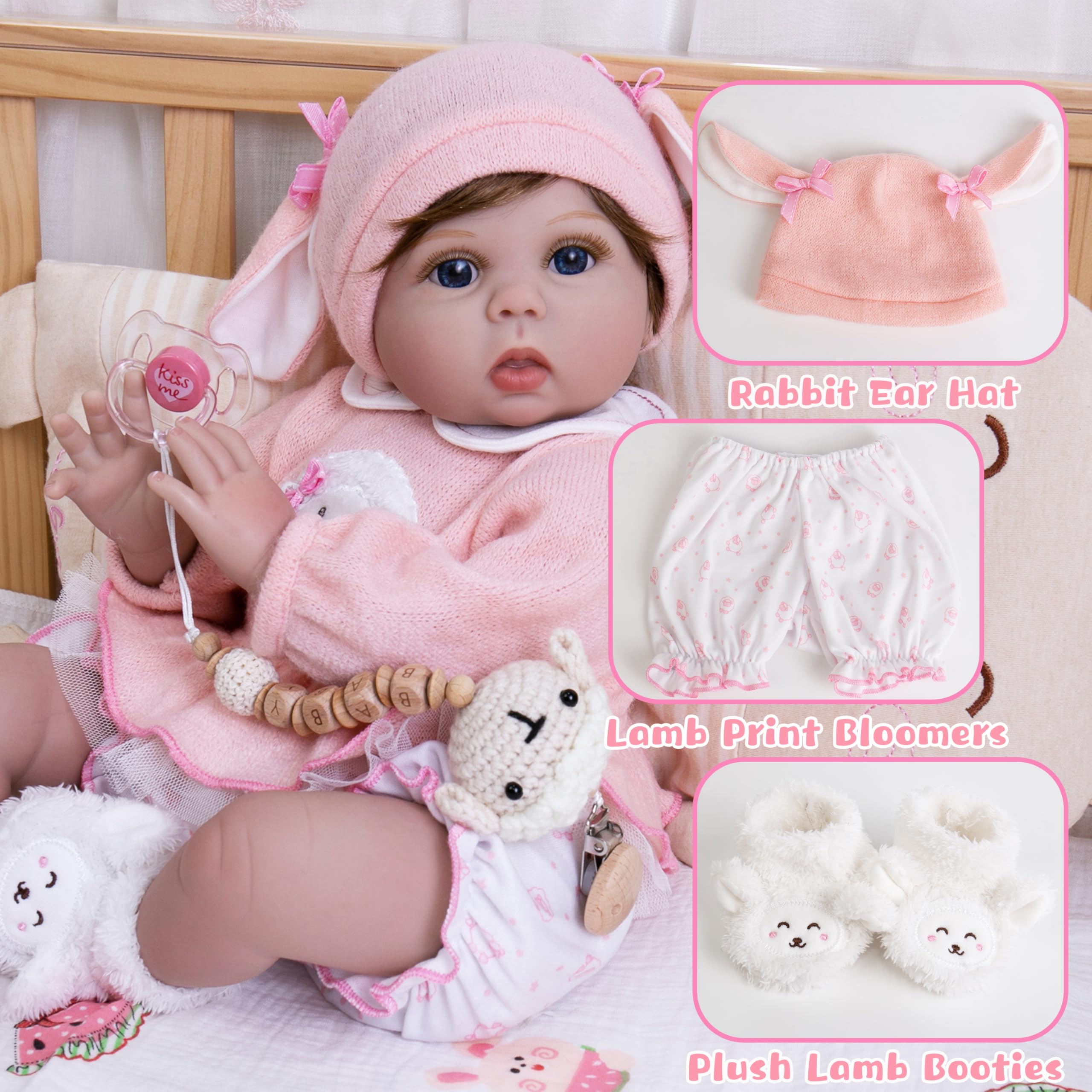 EKOKIZ 4-Piece Reborn Doll Outfit for 20-22 Inch Dolls - Pink Lamb & Bunny Theme with Hat, Top, Bloomers, Booties