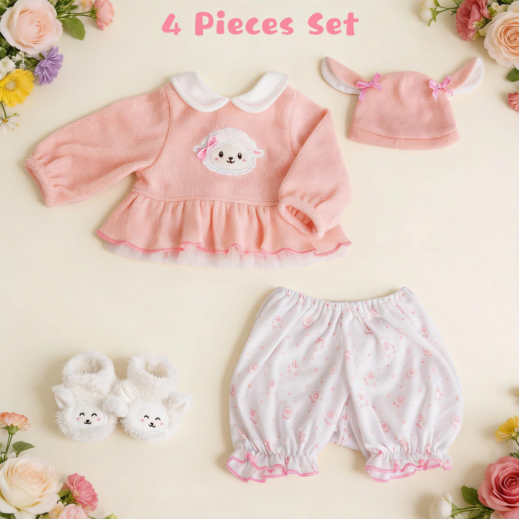 EKOKIZ 4-Piece Reborn Doll Outfit for 20-22 Inch Dolls - Pink Lamb & Bunny Theme with Hat, Top, Bloomers, Booties