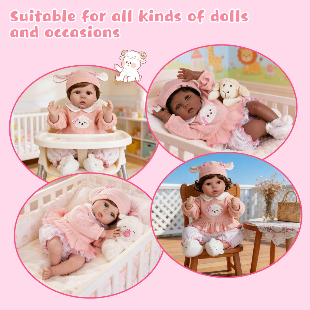 EKOKIZ 4-Piece Reborn Doll Outfit for 20-22 Inch Dolls - Pink Lamb & Bunny Theme with Hat, Top, Bloomers, Booties