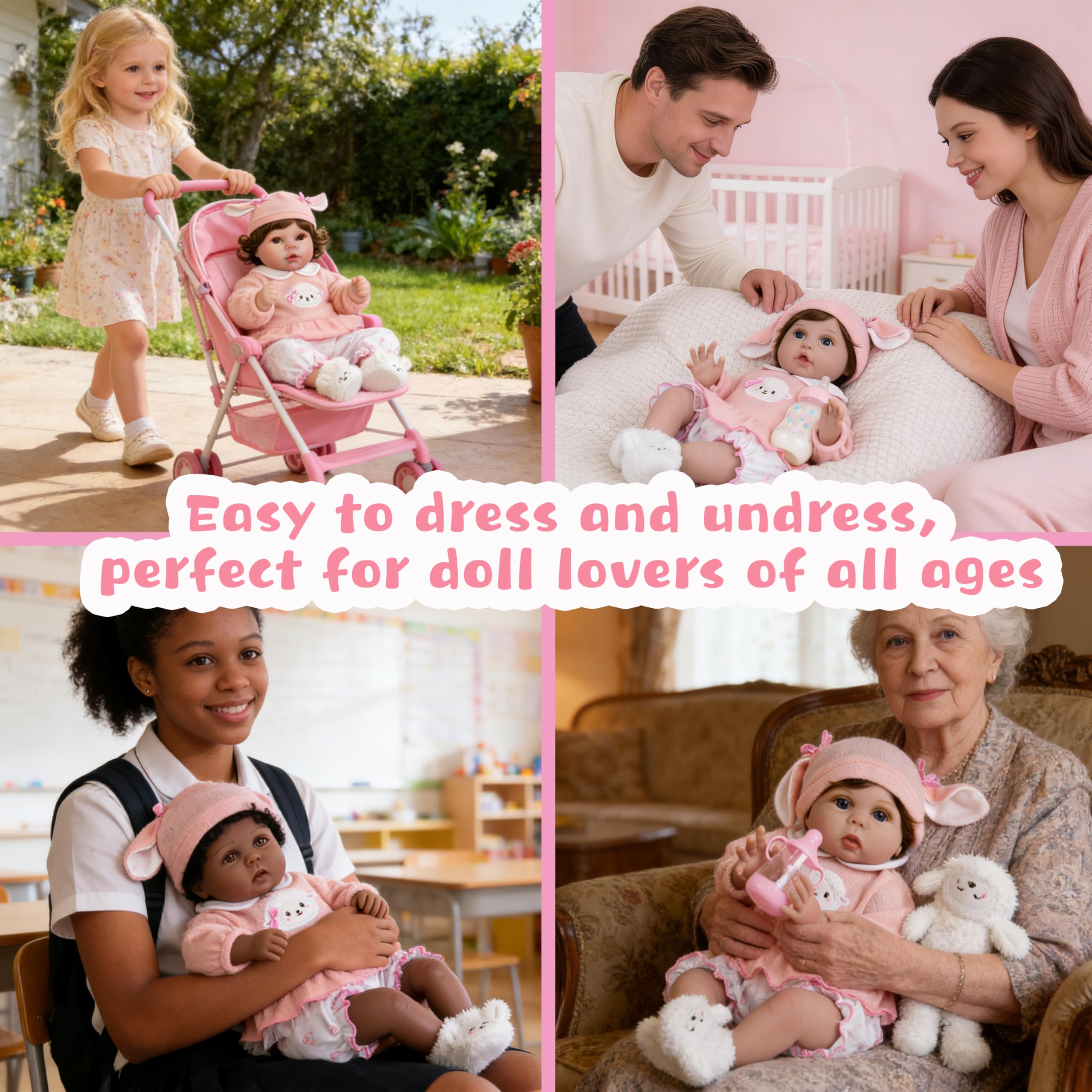 EKOKIZ 4-Piece Reborn Doll Outfit for 20-22 Inch Dolls - Pink Lamb & Bunny Theme with Hat, Top, Bloomers, Booties