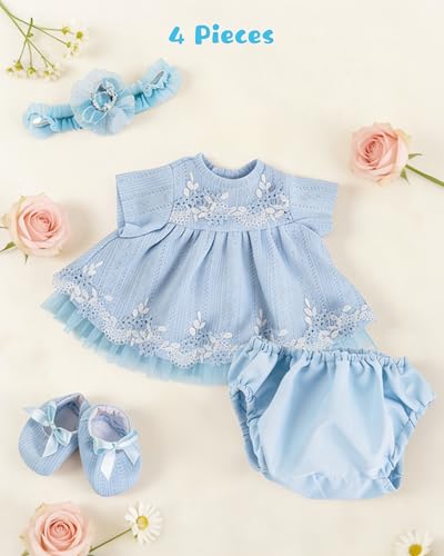 EKOKIZ Blue Baby Doll Clothes Set for 17-20 Inch Reborn Dolls - Includes Hairband, Dress, Shoes, and Gift Box