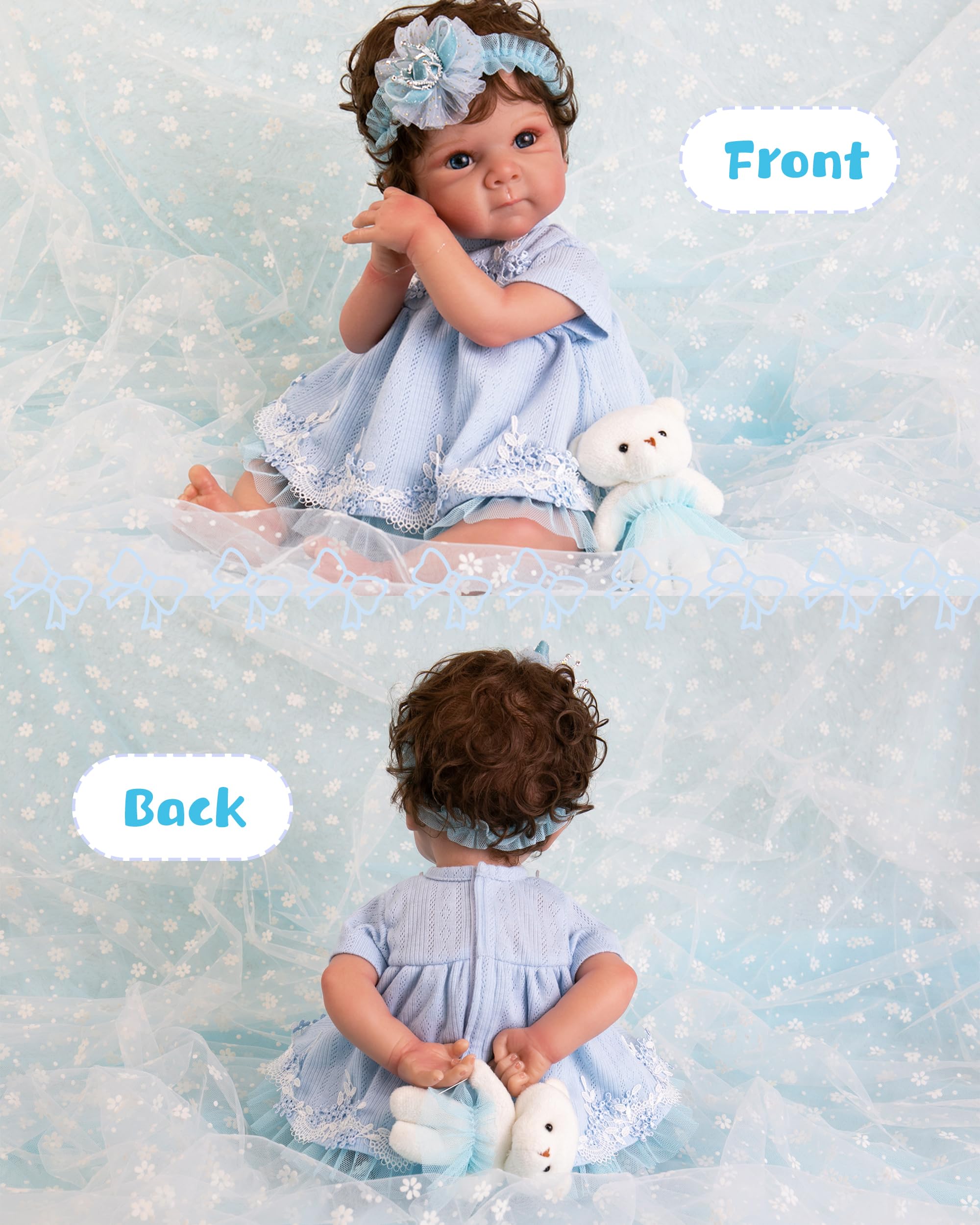 EKOKIZ Blue Baby Doll Clothes Set for 17-20 Inch Reborn Dolls - Includes Hairband, Dress, Shoes, and Gift Box