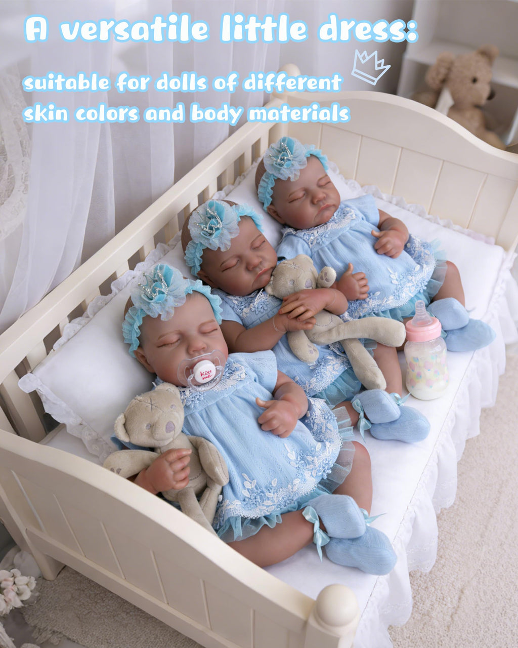 EKOKIZ Blue Baby Doll Clothes Set for 17-20 Inch Reborn Dolls - Includes Hairband, Dress, Shoes, and Gift Box