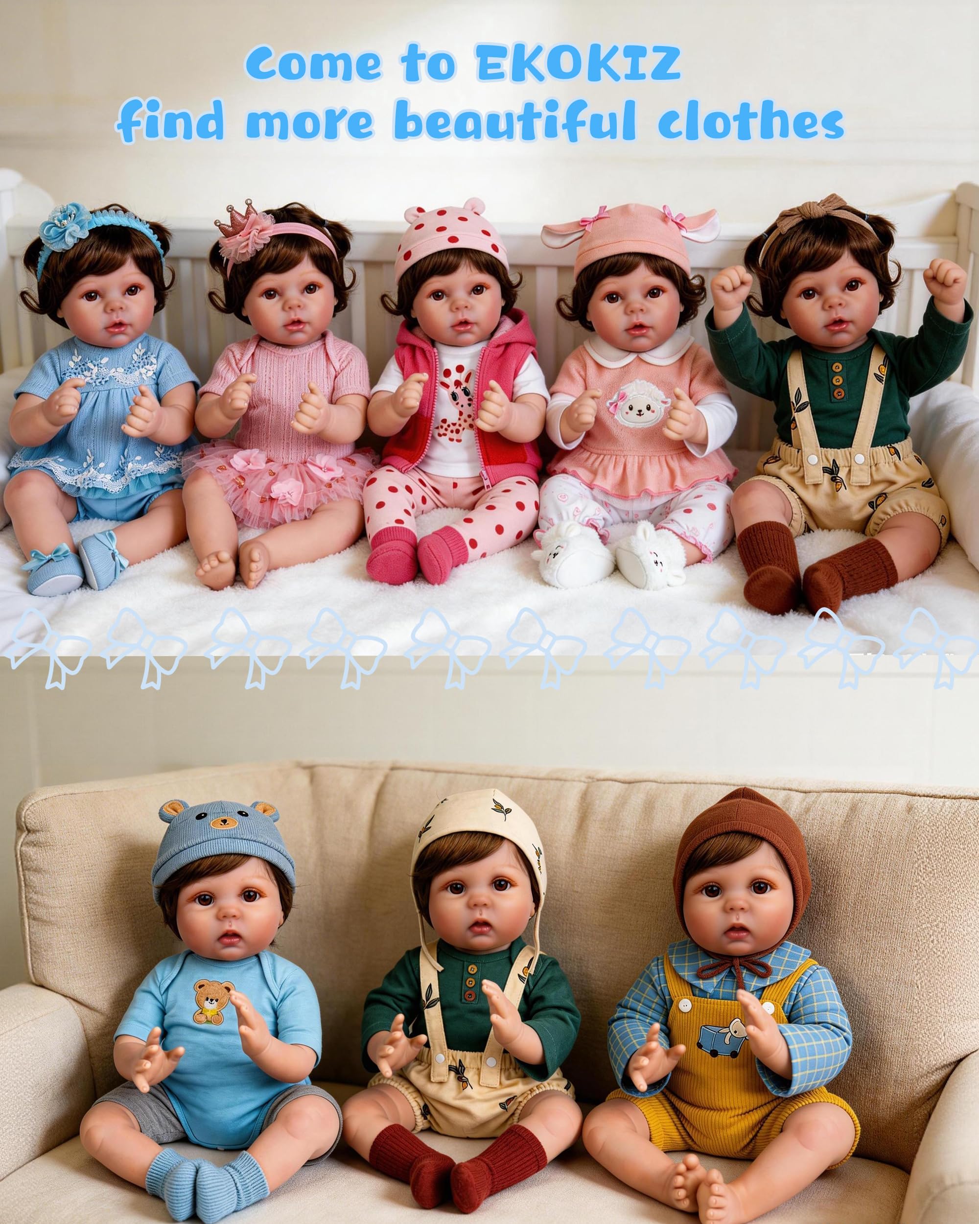 EKOKIZ Blue Baby Doll Clothes Set for 17-20 Inch Reborn Dolls - Includes Hairband, Dress, Shoes, and Gift Box