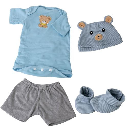 EKOKIZ Blue Bear Pattern Reborn Baby Doll Clothes Set for 20-22 Inch Dolls - Onesie, Hat, Shoes & Shorts