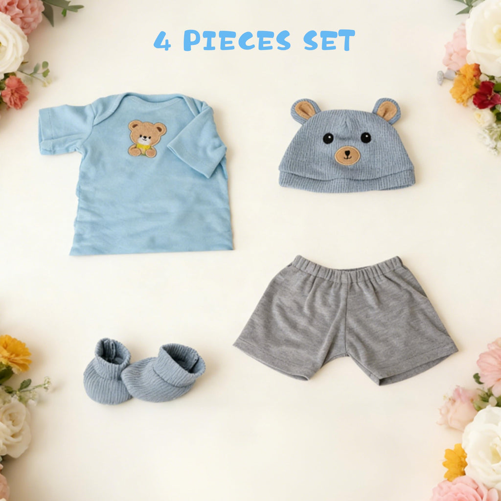 EKOKIZ Blue Bear Pattern Reborn Baby Doll Clothes Set for 20-22 Inch Dolls - Onesie, Hat, Shoes & Shorts