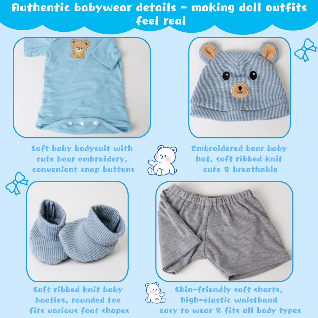 EKOKIZ Blue Bear Pattern Reborn Baby Doll Clothes Set for 20-22 Inch Dolls - Onesie, Hat, Shoes & Shorts