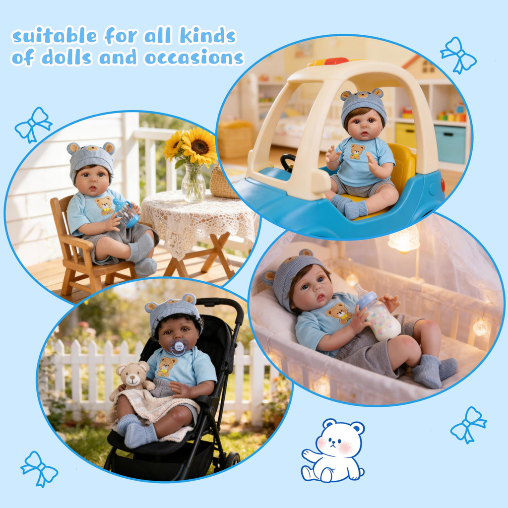 EKOKIZ Blue Bear Pattern Reborn Baby Doll Clothes Set for 20-22 Inch Dolls - Onesie, Hat, Shoes & Shorts