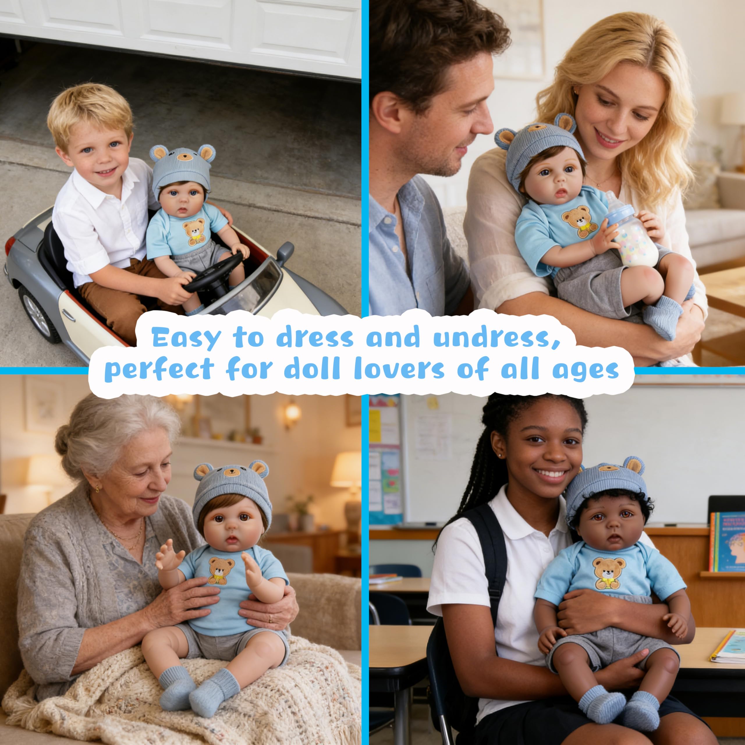 EKOKIZ Blue Bear Pattern Reborn Baby Doll Clothes Set for 20-22 Inch Dolls - Onesie, Hat, Shoes & Shorts