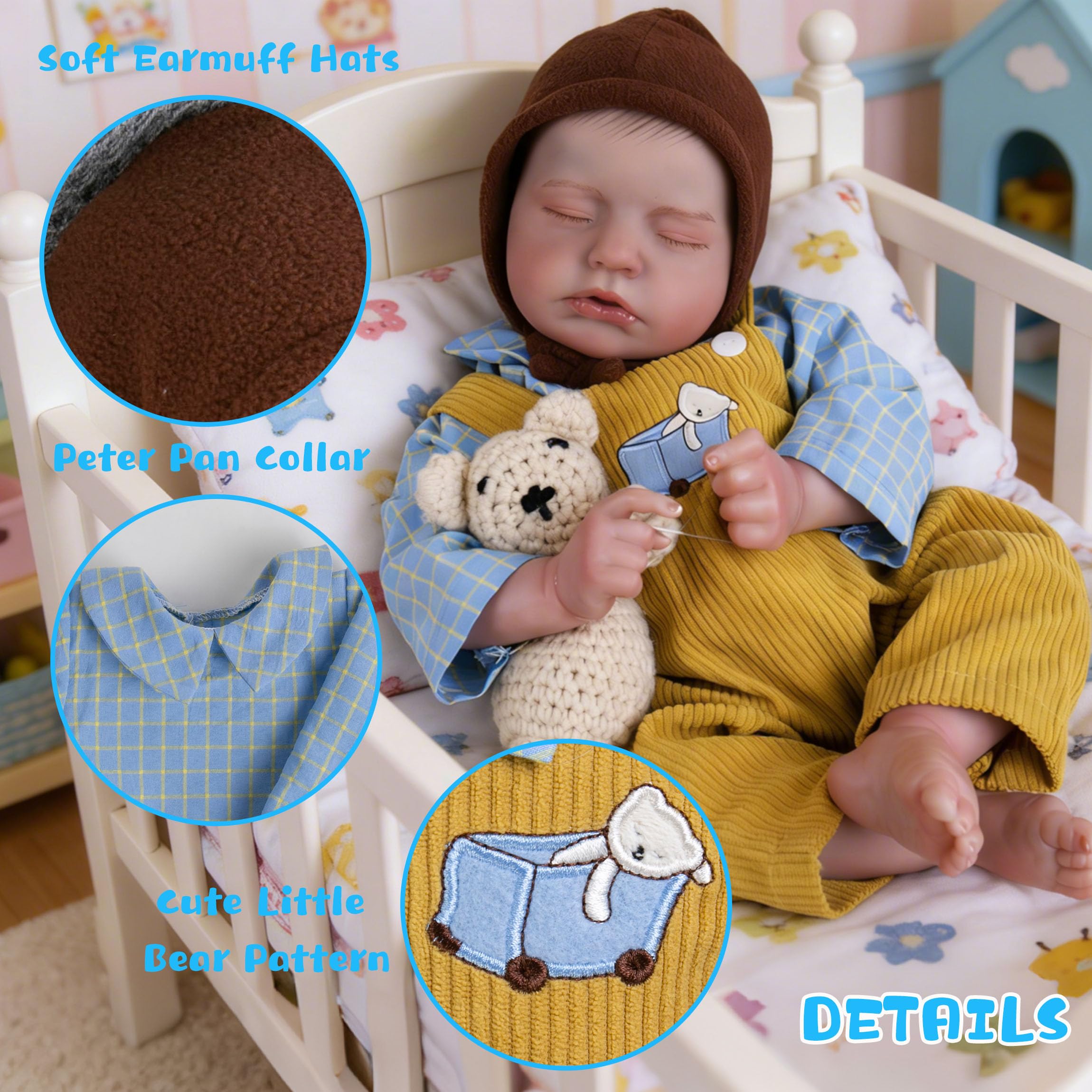 EKOKIZ Reborn Baby Doll Clothes – Outfit with Hat, Shirt, and Pants for 17-20 Inch Dolls