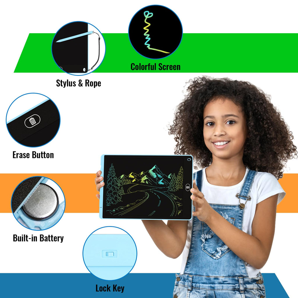 Electight 12 Inch LCD Writing Tablet 2-Pack, Blue – Reusable Doodle Board with Lock & Erase, Gift for Kids 3-8
