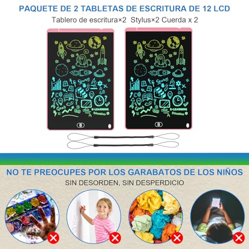Electight 2-Pack 12-Inch LCD Writing Tablet for Kids – Colorful Doodle Board with Lock & Erase, Eye Protection, Pink
