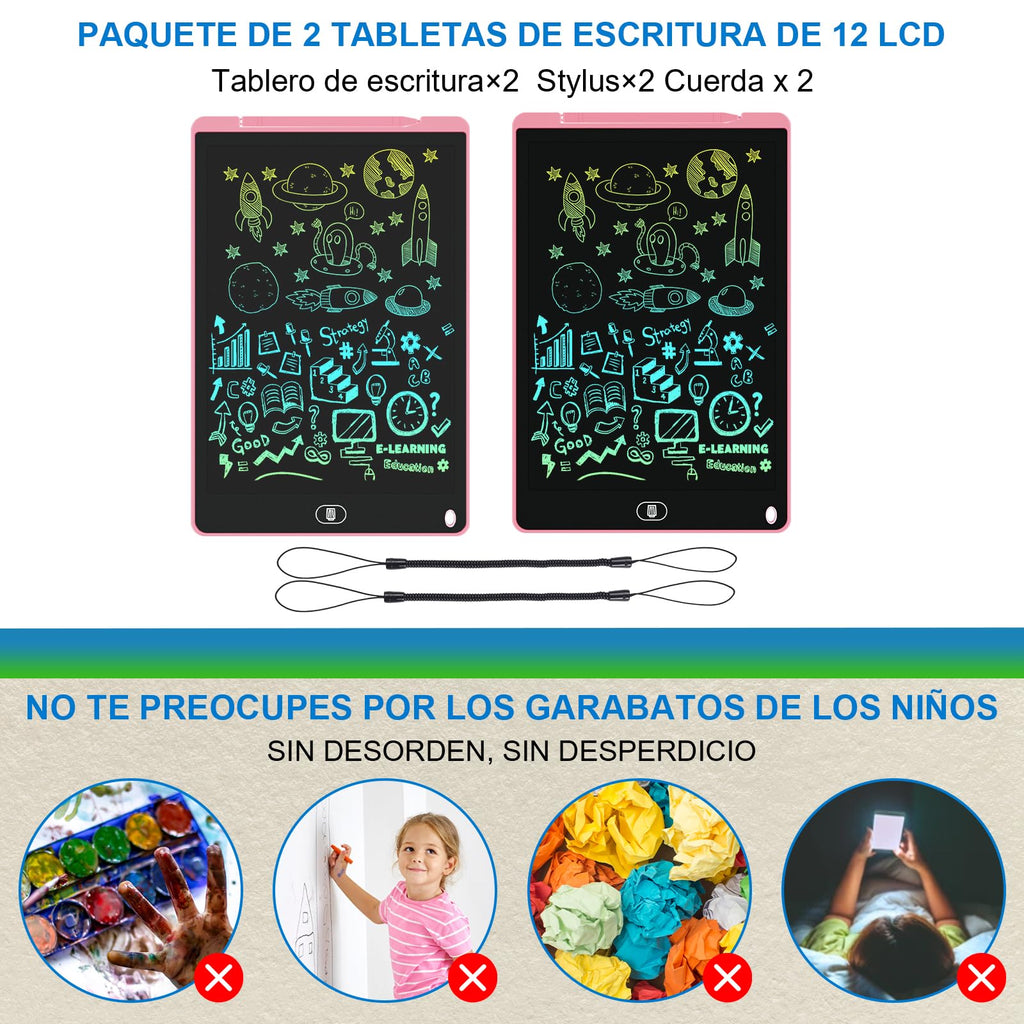 Electight 2-Pack 12-Inch LCD Writing Tablet for Kids – Colorful Doodle Board with Lock & Erase, Eye Protection, Pink