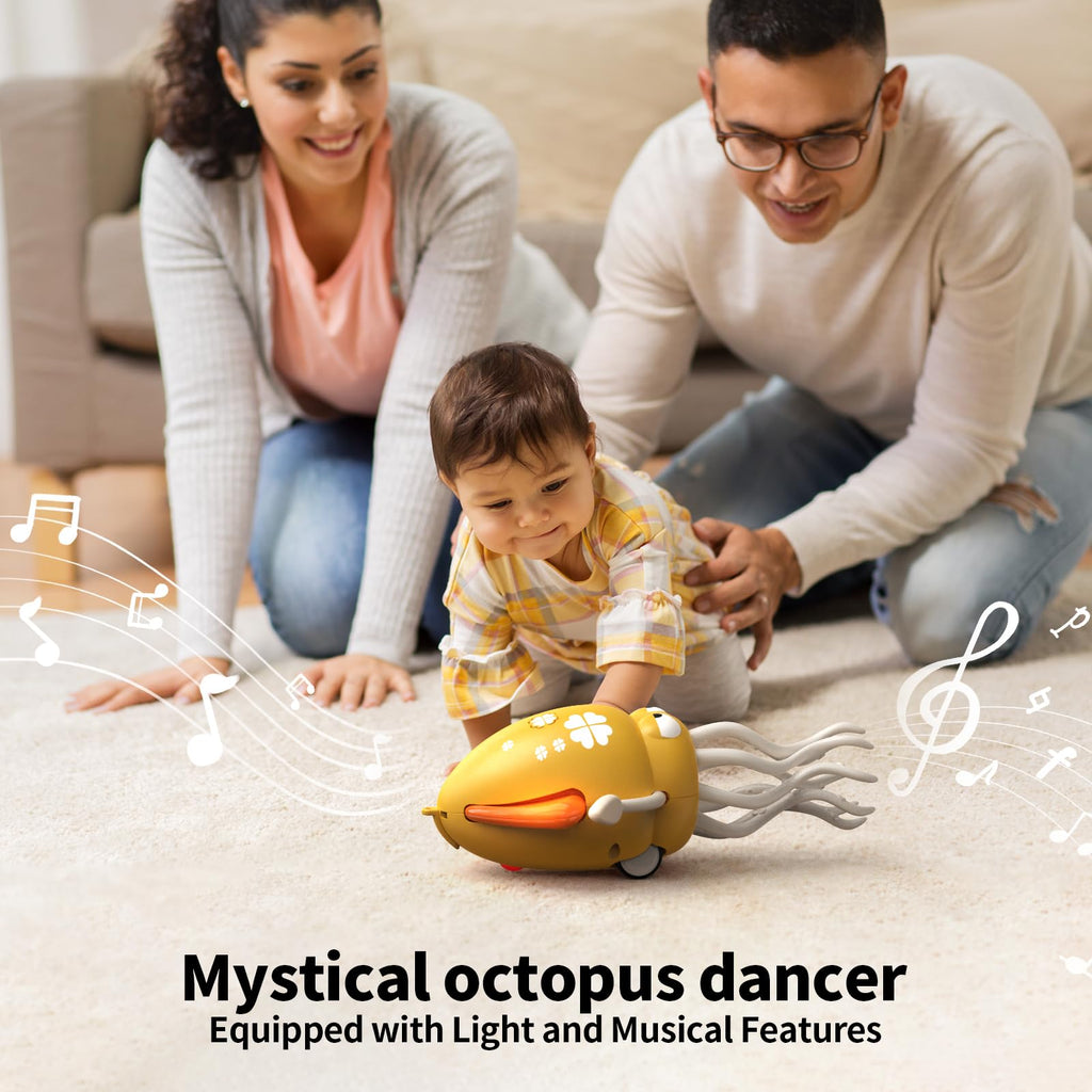 Electric Dancing Octopus Toy for Babies – Crawling, Music & Lights, Rechargeable Sensory Toy, Obstacle Avoidance (Yellow)