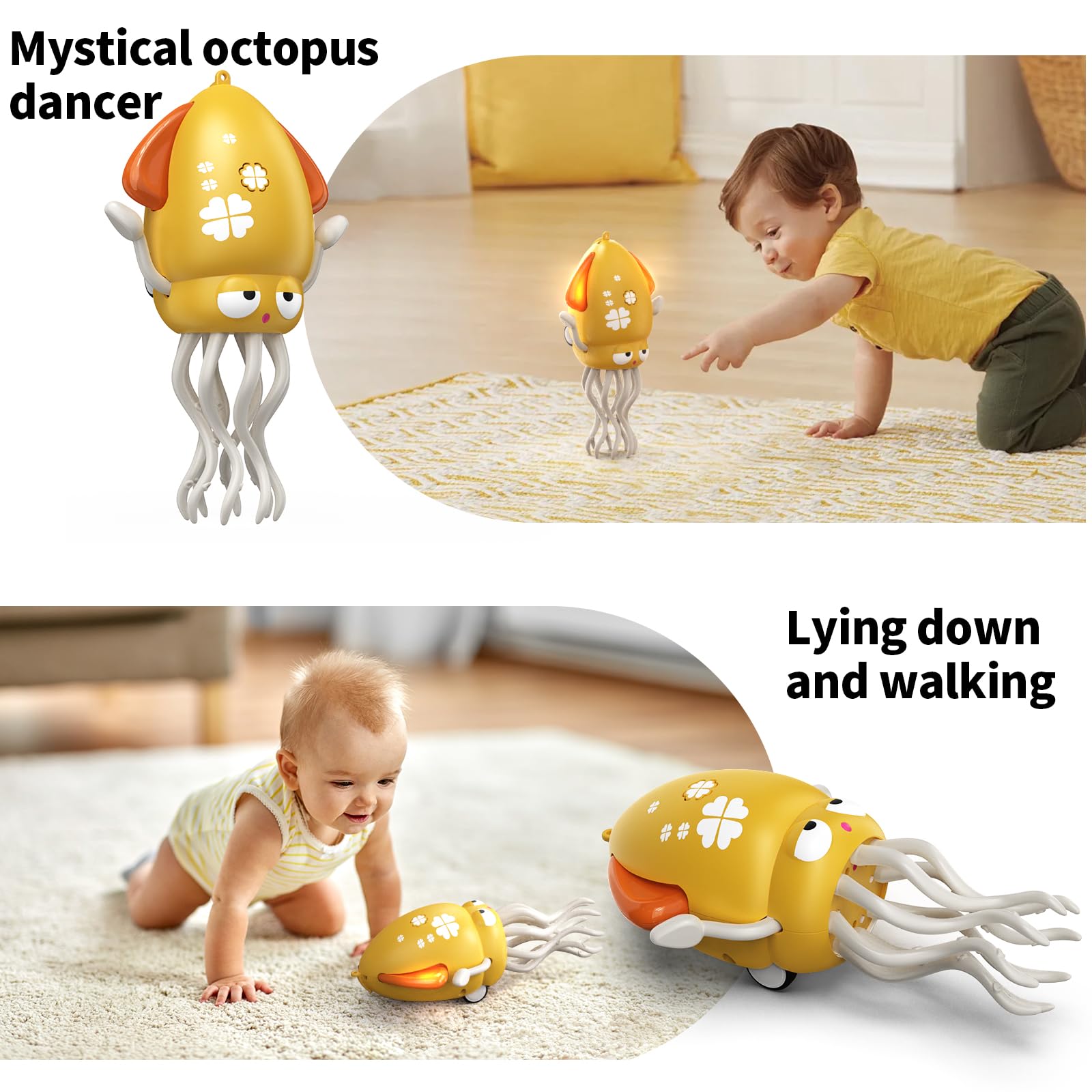 Electric Dancing Octopus Toy for Babies – Crawling, Music & Lights, Rechargeable Sensory Toy, Obstacle Avoidance (Yellow)
