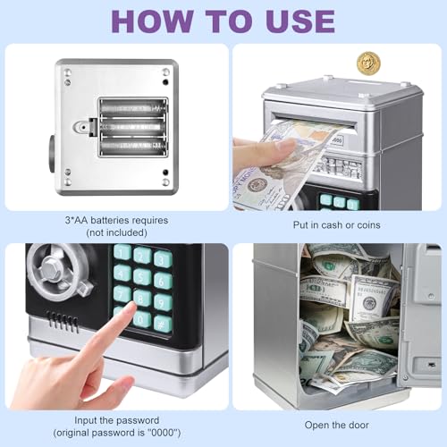 Electronic Piggy Bank for Kids - Password ATM Safe with Auto Coin Roller, Silver (Ages 3-12)