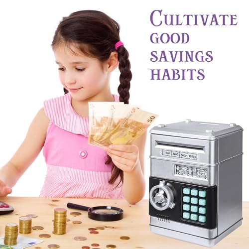 Electronic Piggy Bank for Kids - Password ATM Safe with Auto Coin Roller, Silver (Ages 3-12)