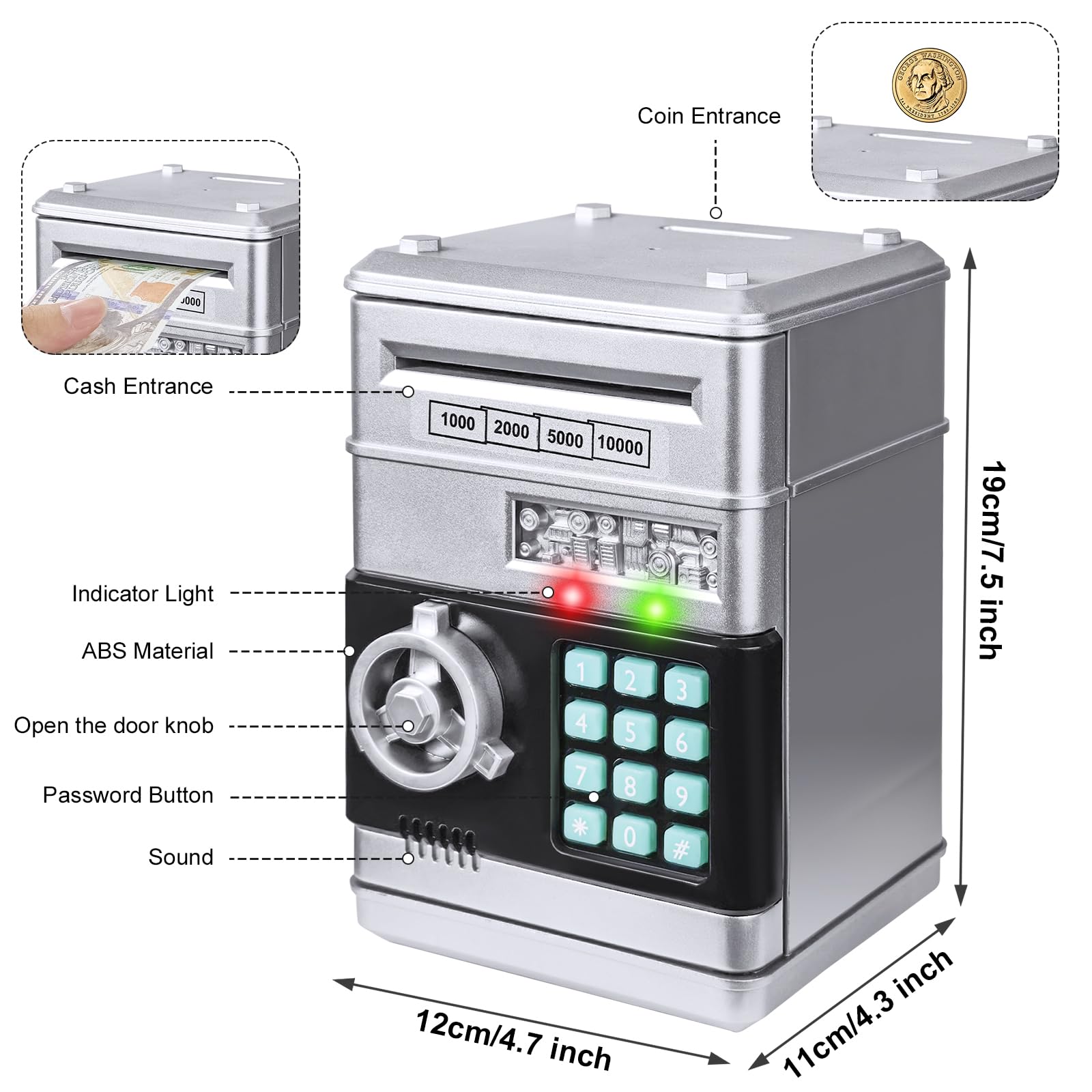 Electronic Piggy Bank for Kids - Password ATM Safe with Auto Coin Roller, Silver (Ages 3-12)