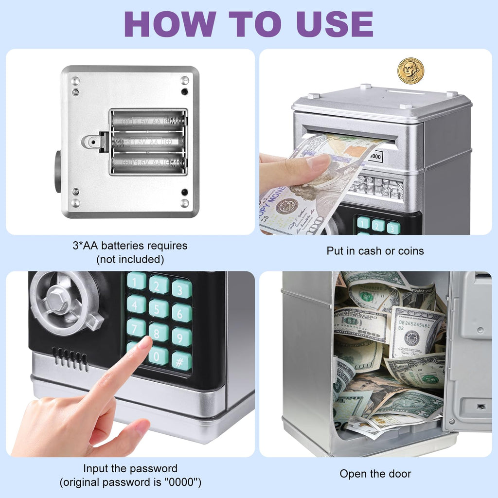 Electronic Piggy Bank for Kids - Password ATM Safe with Auto Coin Roller, Silver (Ages 3-12)