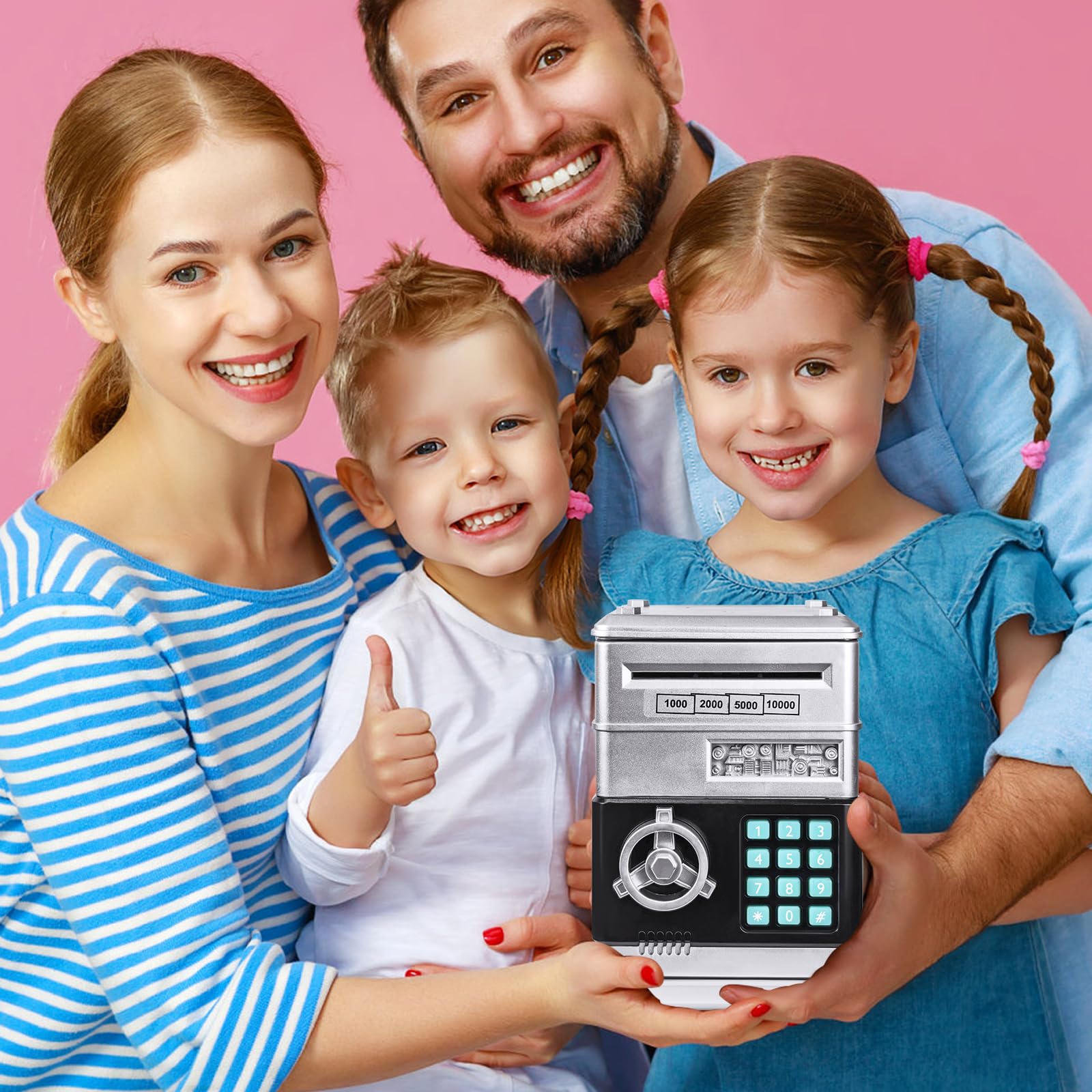 Electronic Piggy Bank for Kids - Password ATM Safe with Auto Coin Roller, Silver (Ages 3-12)