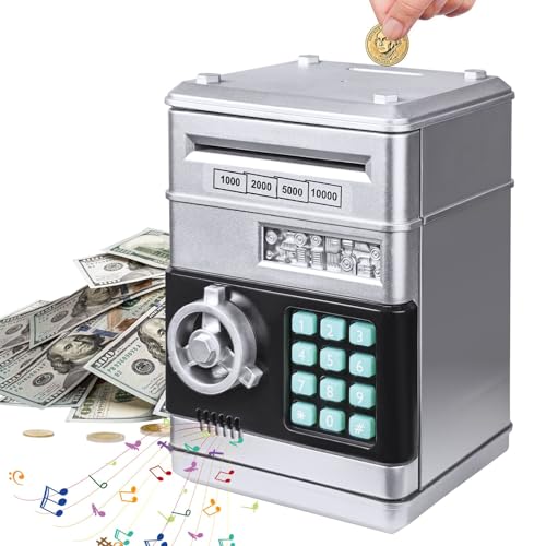 Electronic Piggy Bank for Kids - Password ATM Safe with Auto Coin Roller, Silver (Ages 3-12)