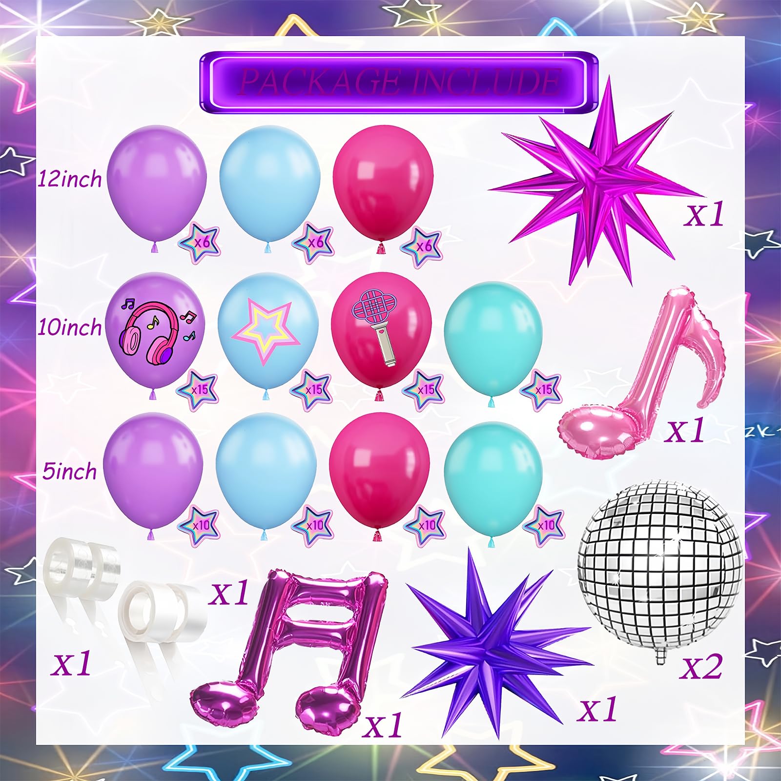 Eleventheart 126-Piece Purple Blue Pink Balloon Arch Kit with Musical Symbols for Music Themed Birthday Party