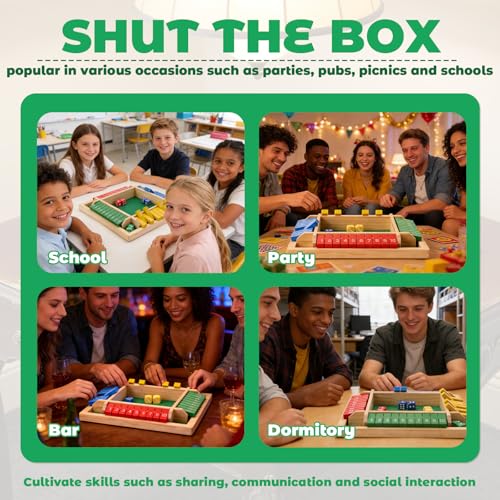 Elfclove Shut The Box Game - Classic Wooden Dice Game for 1-4 Players, 8 Dice, Pine Wood, 8.74 x 8.74 inches, Gift Box