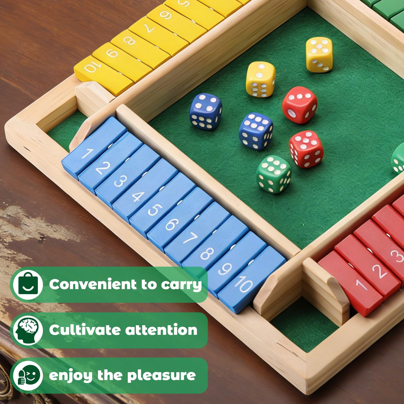 Elfclove Shut The Box Game - Classic Wooden Dice Game for 1-4 Players, 8 Dice, Pine Wood, 8.74 x 8.74 inches, Gift Box
