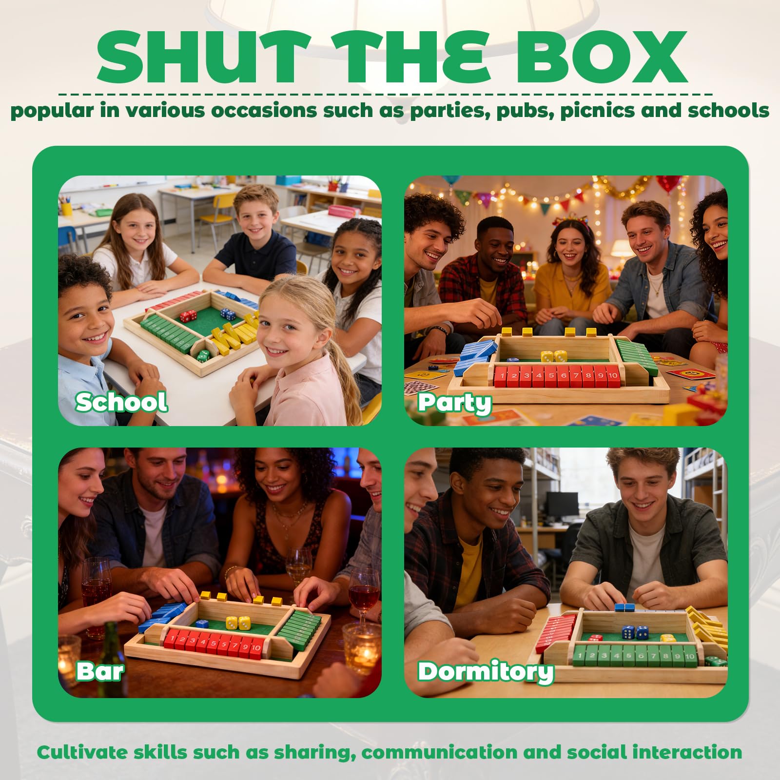 Elfclove Shut The Box Game - Classic Wooden Dice Game for 1-4 Players, 8 Dice, Pine Wood, 8.74 x 8.74 inches, Gift Box