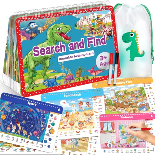 Elfew Search and Find Reusable Activity Book - 24 Themes, Travel Toys for Kids Ages 3-8