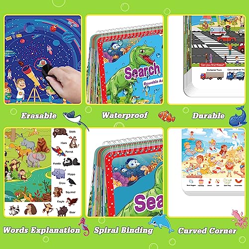 Elfew Search and Find Reusable Activity Book - 24 Themes, Travel Toys for Kids Ages 3-8